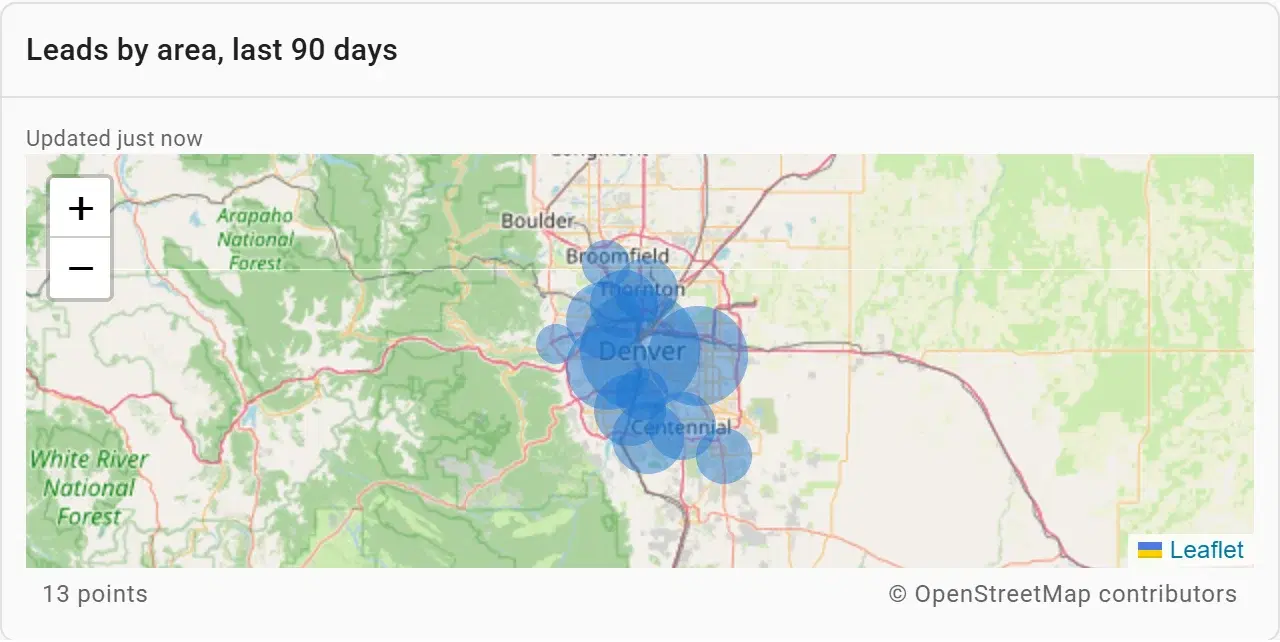 A map of leads by service area over the last 90 days