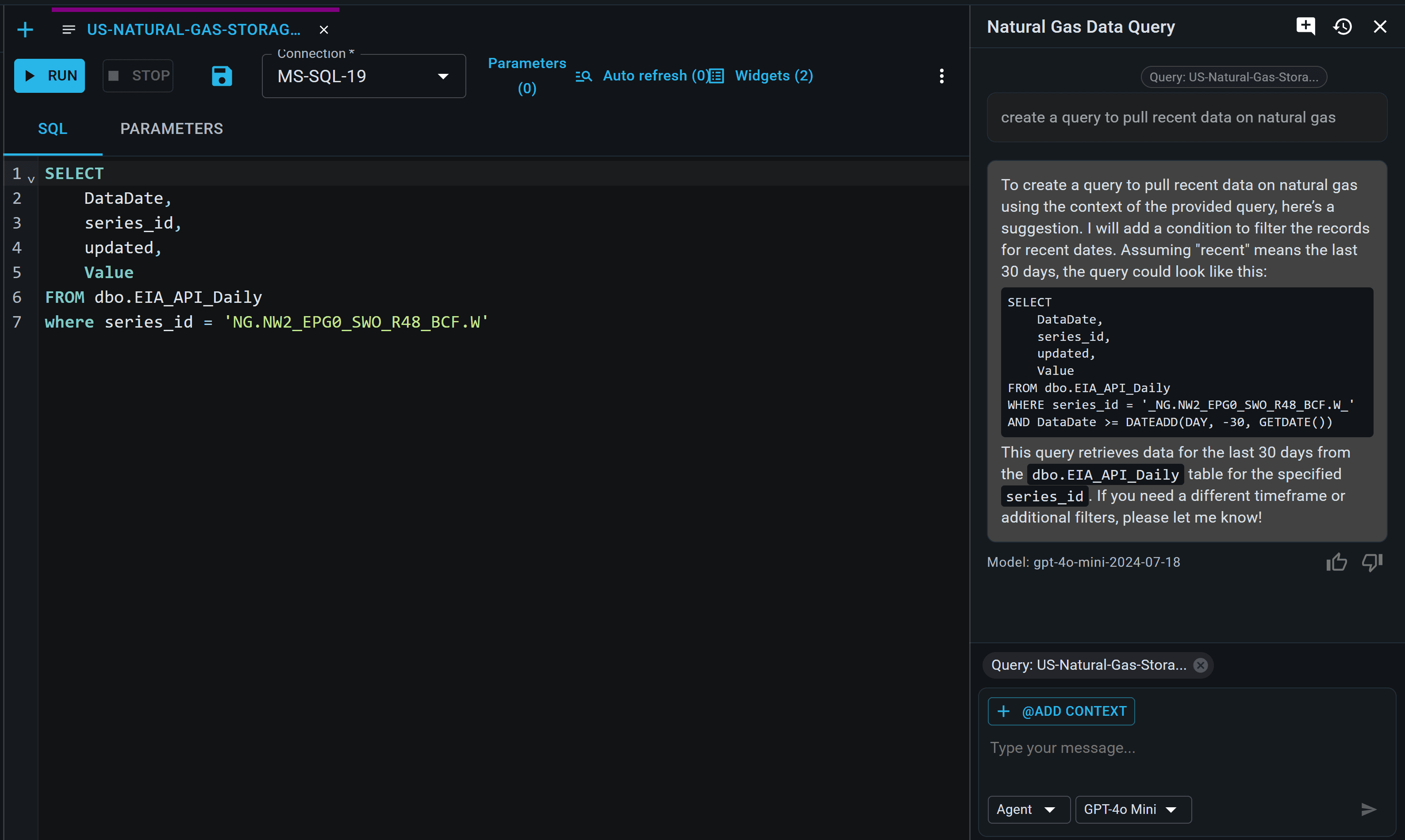 Fastero AI Studio showing natural language input, generated SQL with syntax highlighting, explanation of metric usage, and results table