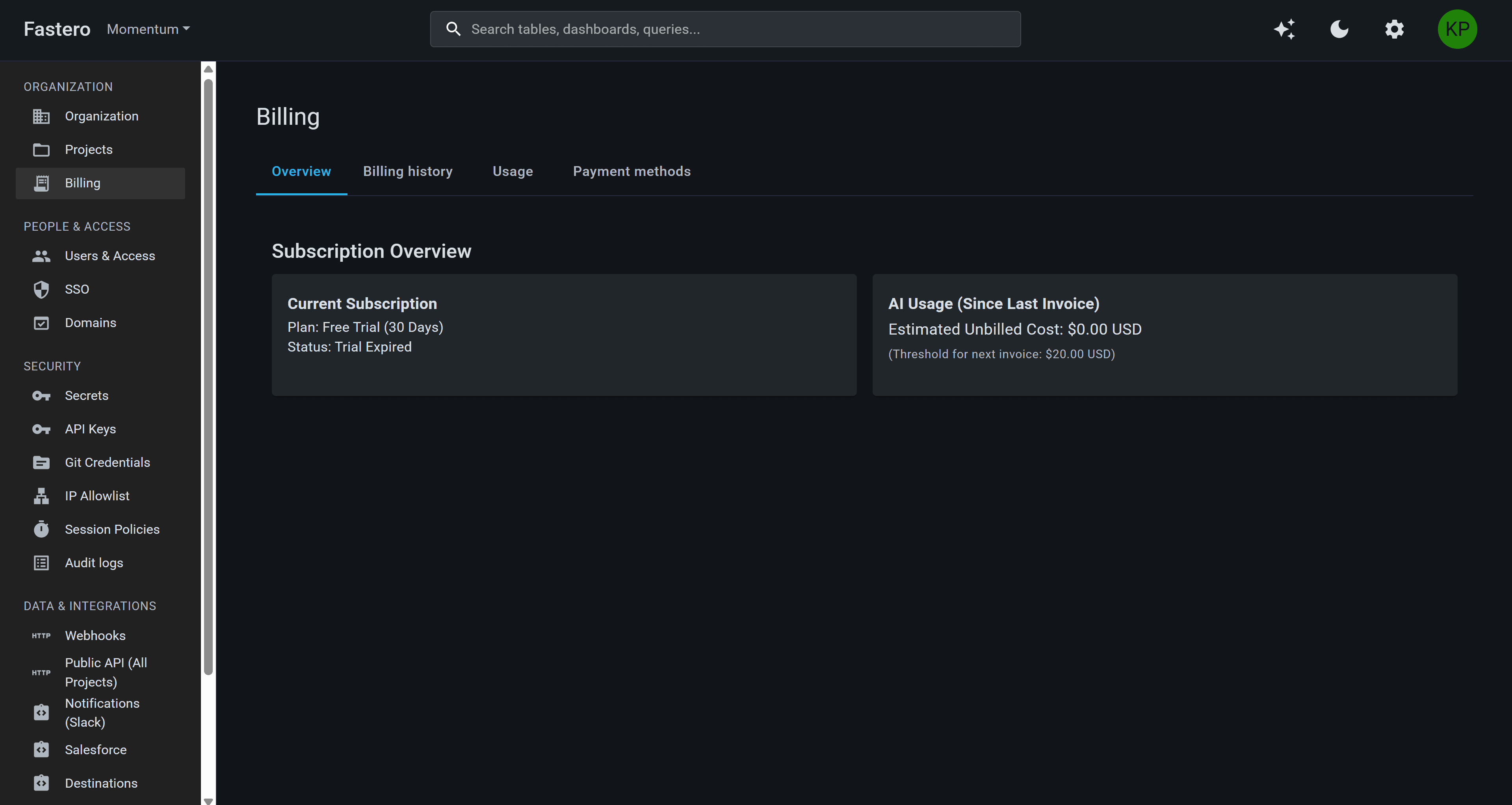 Fastero billing dashboard with real-time unbilled cost tracking and AI usage attribution
