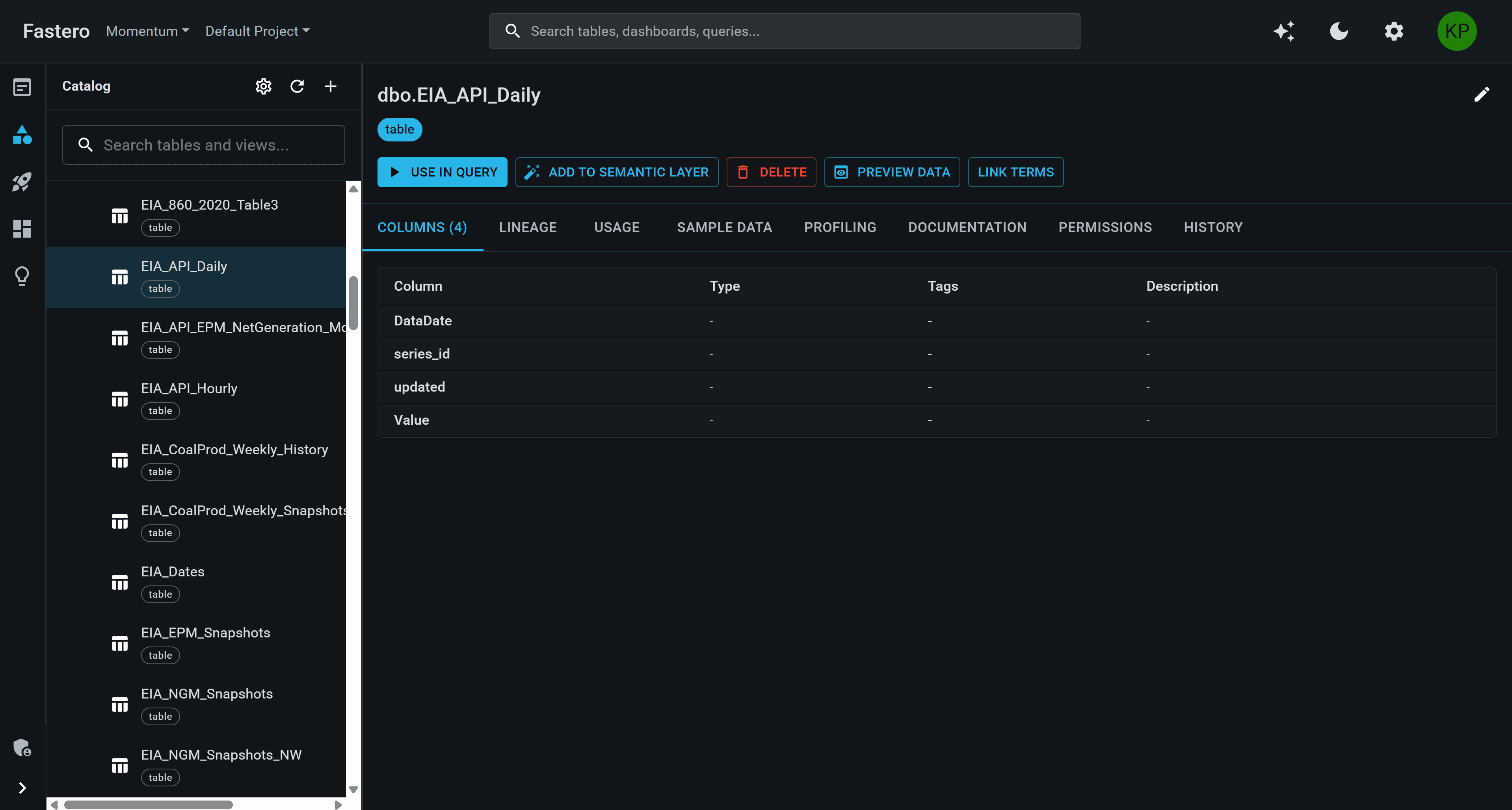 Fastero Data Fabric showing unified catalog with search, filters, asset list, and detail panel with schema and lineage