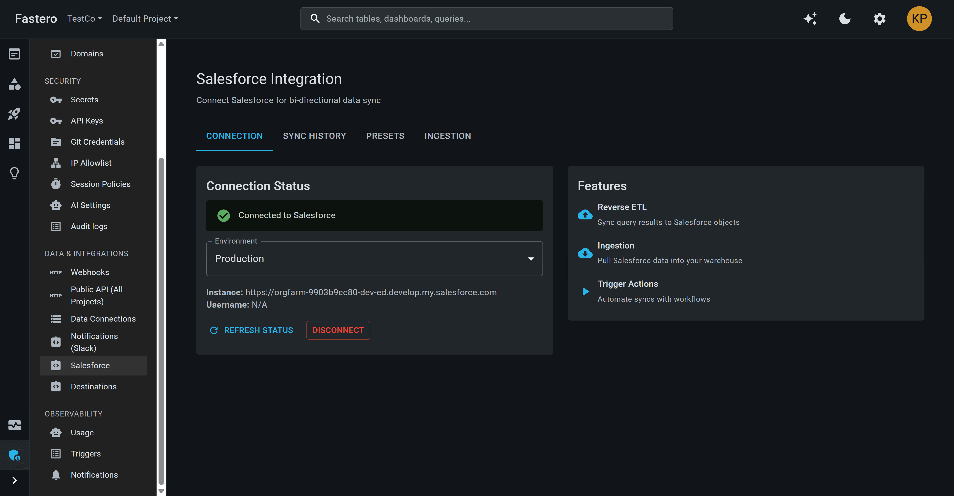 Fastero reverse ETL configuration for Salesforce sync
