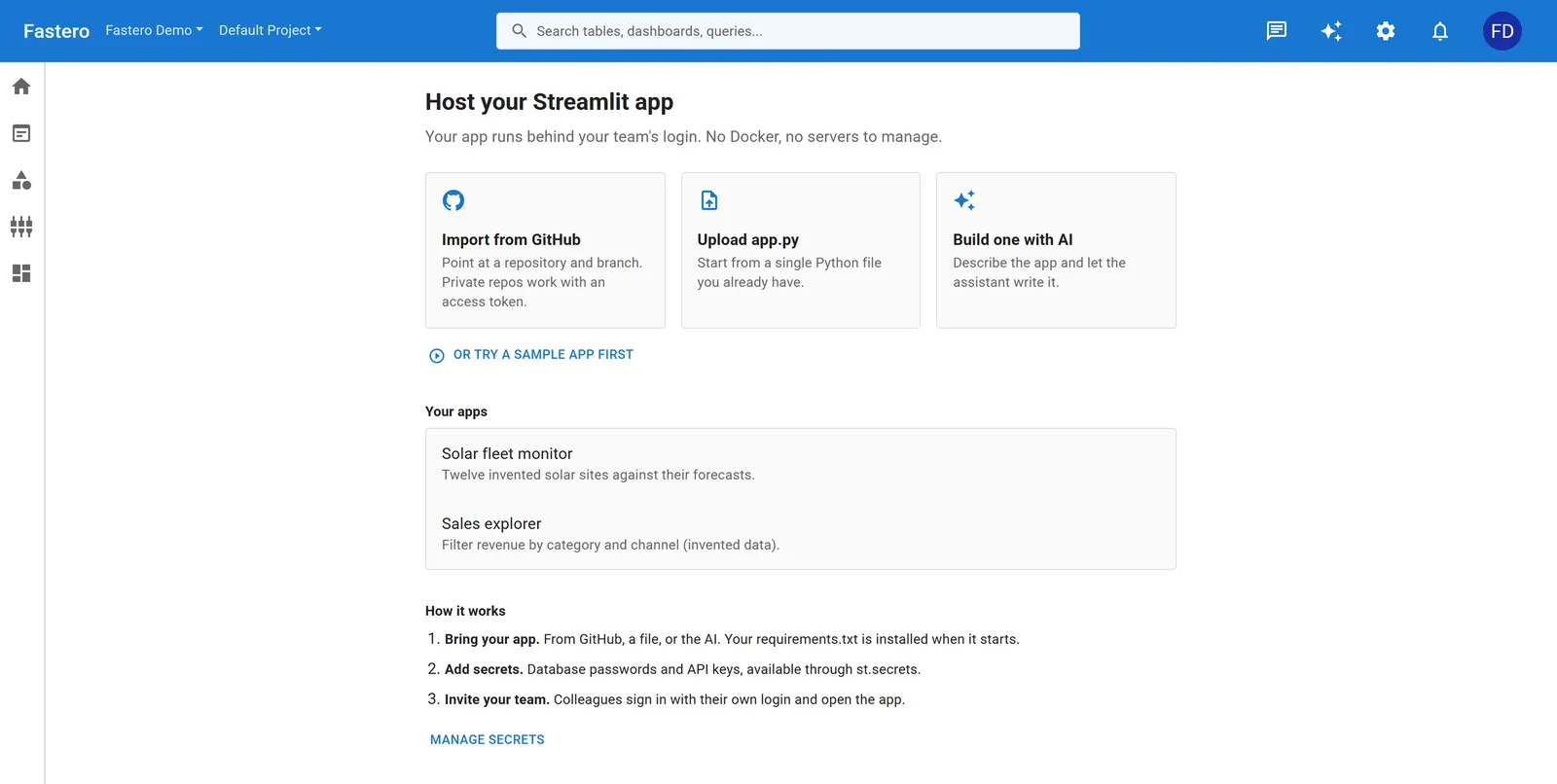 Fastero's Streamlit page: import an app from GitHub, upload app.py or build one with AI; the app runs behind your team's login